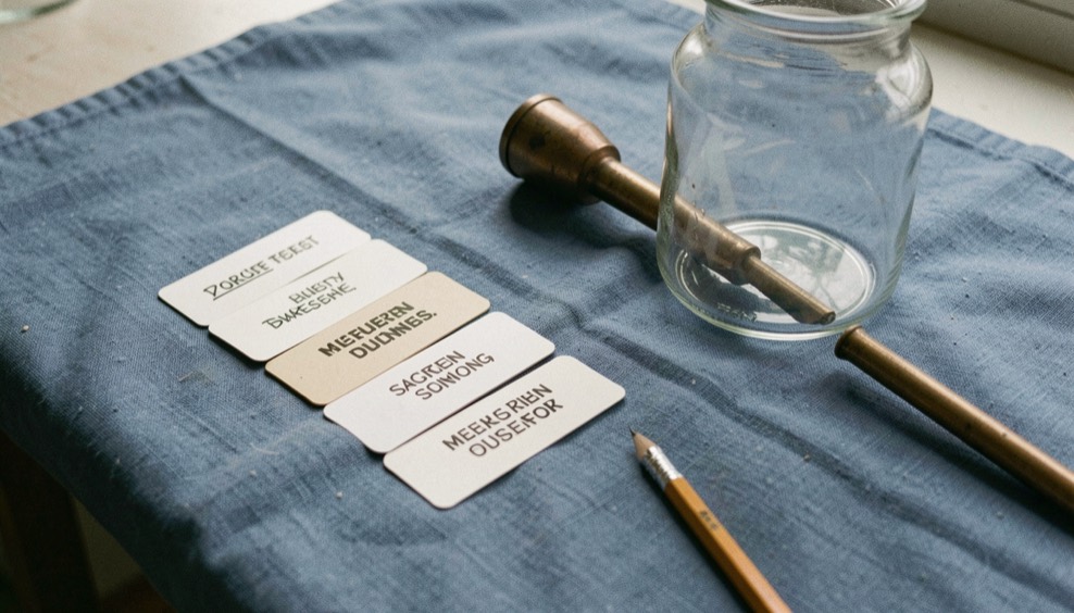 Karteikarten mit fremdsprachigen Begriffen liegen neben einem Glasgefäß, Messingrohr und Bleistift auf einem blauen Tuch.